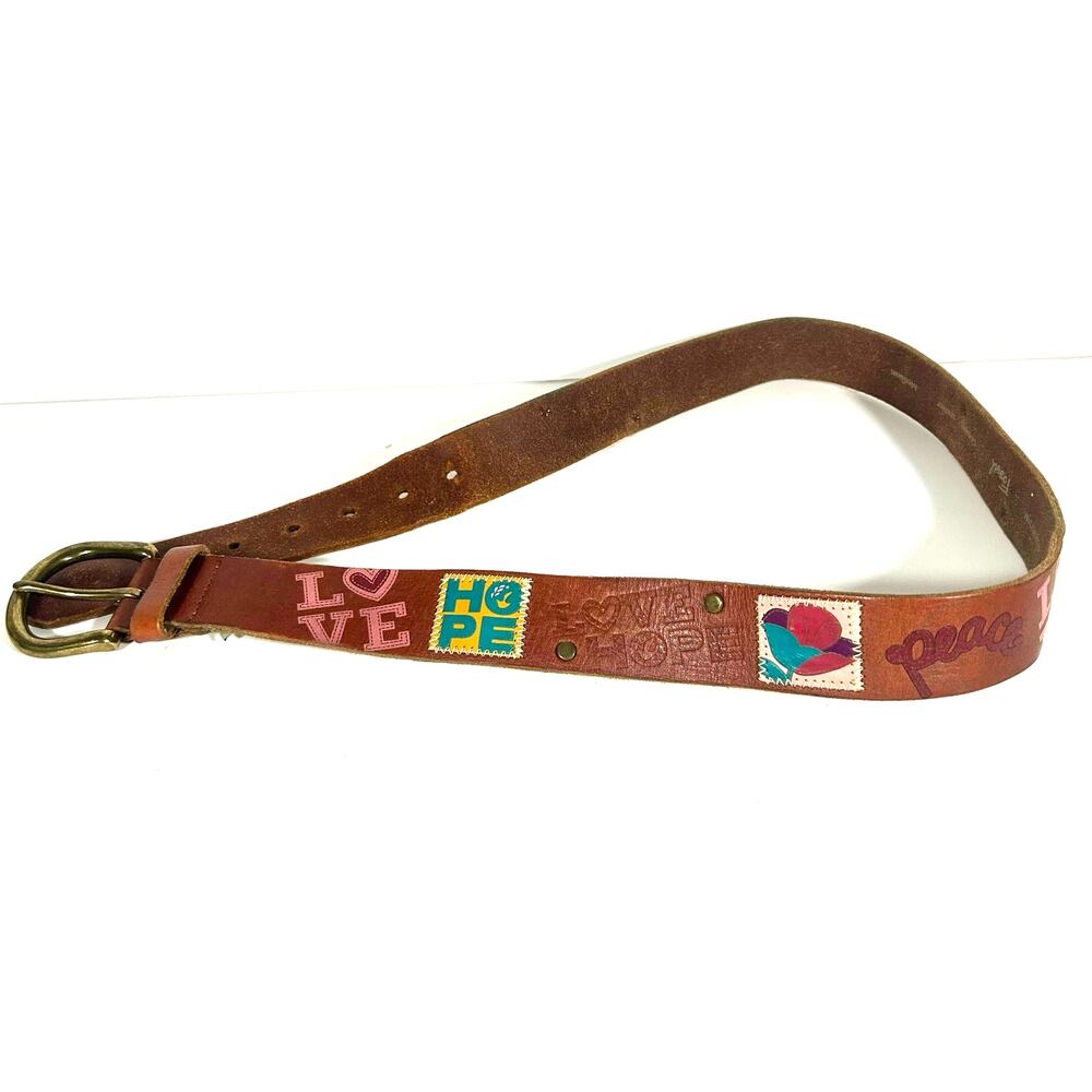Vintage FOSSIL Y2K Hippie Boho Leather Belt Peace Love - Size M